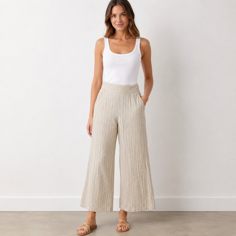 Max Studio Linen Blend Pinstripe Wide Leg Pull On Pants Beige Women's S